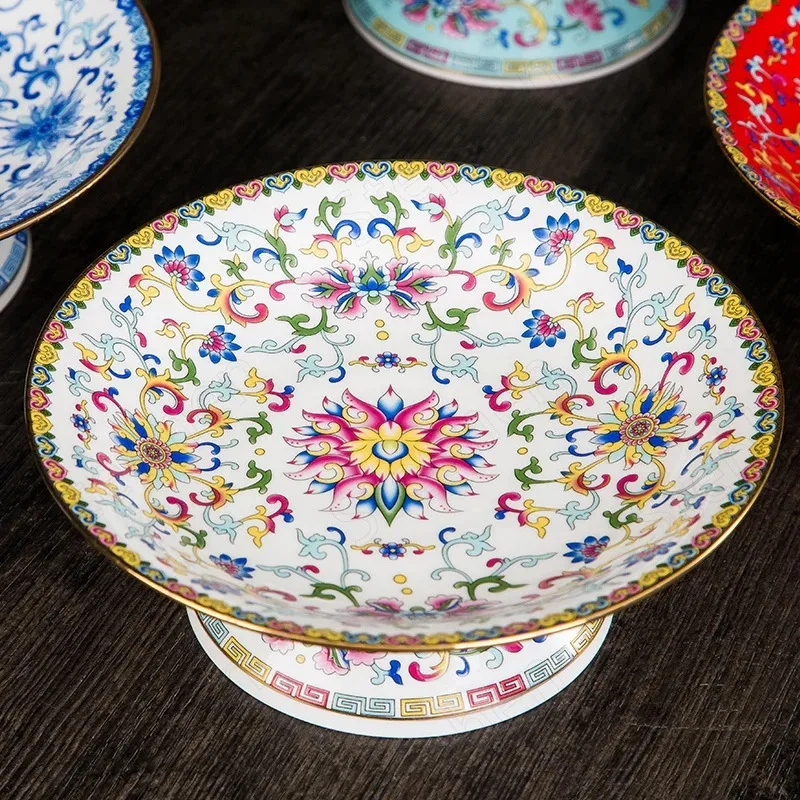 Tall Feet Enamel Ceramic Snack Plate Chinese Vintage Golden Stroke Bone China Fruit Tray Living Room Candy Dried Fruit Plates