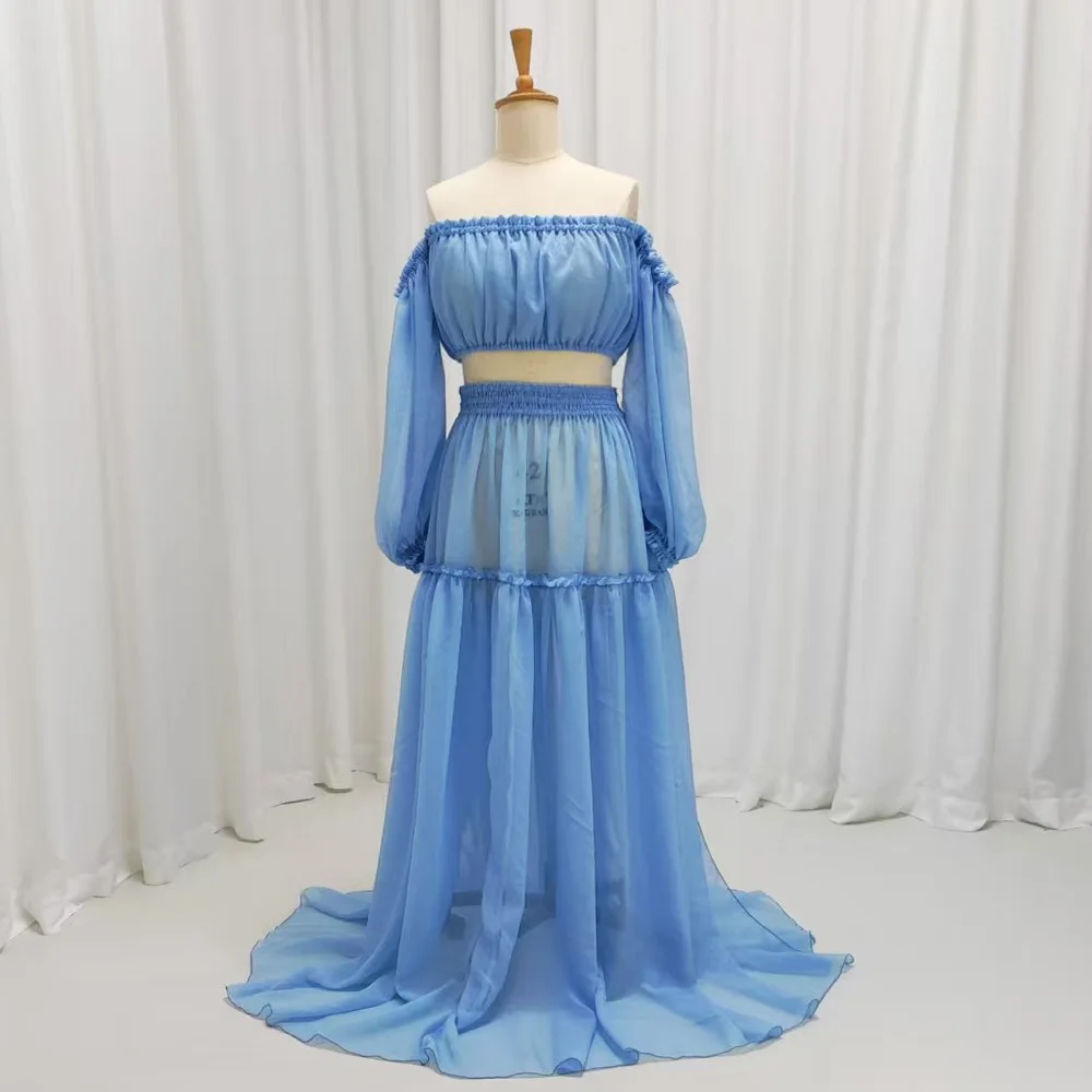 

Boho Maternity Dress For Photo Shoot Woman Starlight Dot Chiffon Dress Off Shoulder Long Sleeve Beach Photography Gown