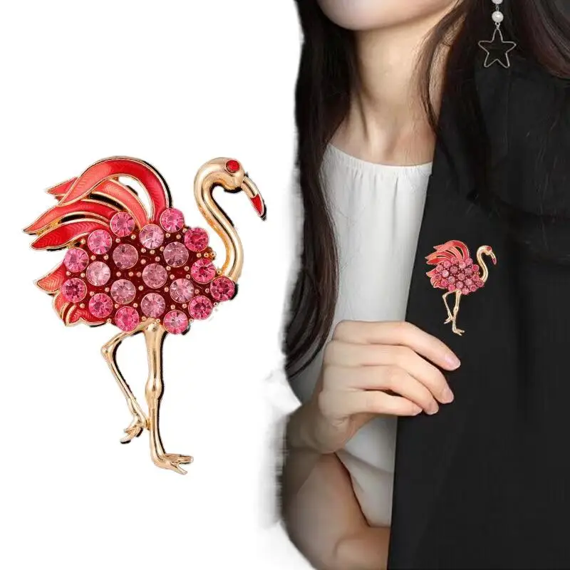 مزاجه الموضة الحيوان كريستال فلامنغو بروش للنساء الملابس معطف اكسسوارات الهدايا #5