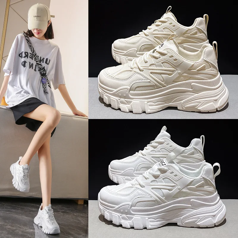 Platform Sneakers White Woman Vulcanize Shoes Thick Sole Tennis Feminino Breathable Walking Korean Women  Lace Up