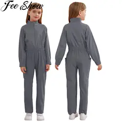 Kids Girls Mechanic Coveralls Flight Suit Solid Color Long Sleeve Elastic Waist Jumpsuit with Pockets Hip Hop Dance Streewear