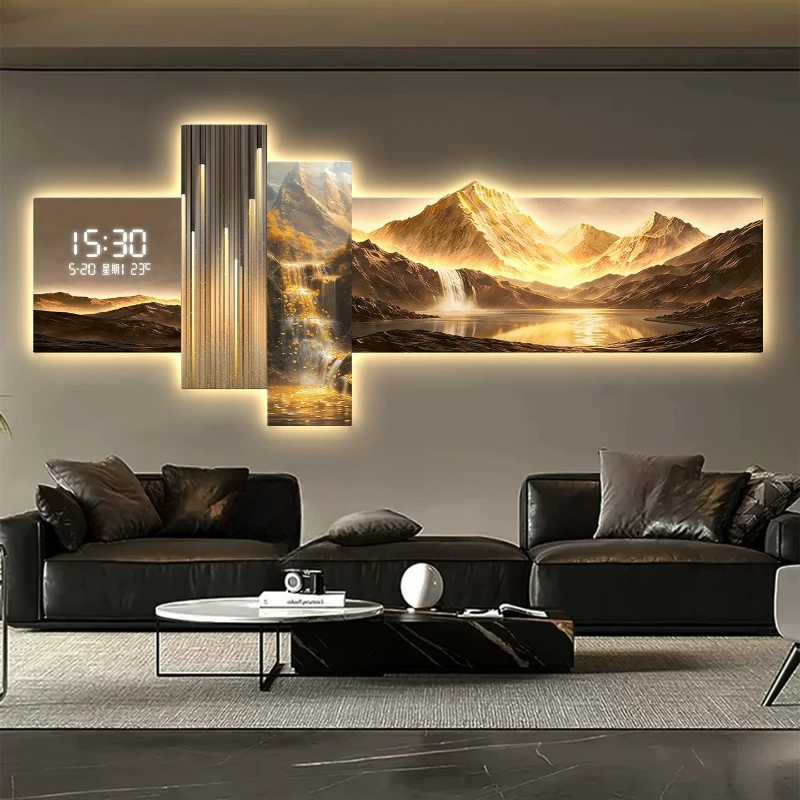 Modern LED Wall Clocks Living Room Mountain Water Wealth Decoration Painting Sofa Mural Lamp Electronic Clock Home Decor Watch