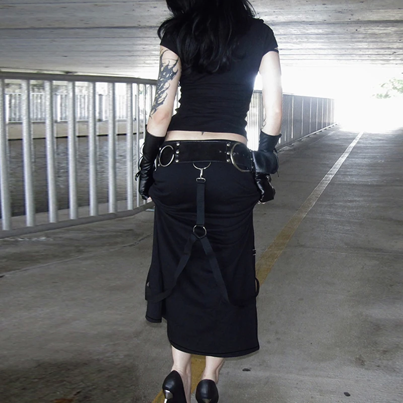 القوطية الأسود مرونة الخصر Bodycon التنانير الطويلة Y2K الشرير الأشرطة مستقيم حورية البحر التنانير النساء موضة جديدة الخريف الشارع الشهير #4