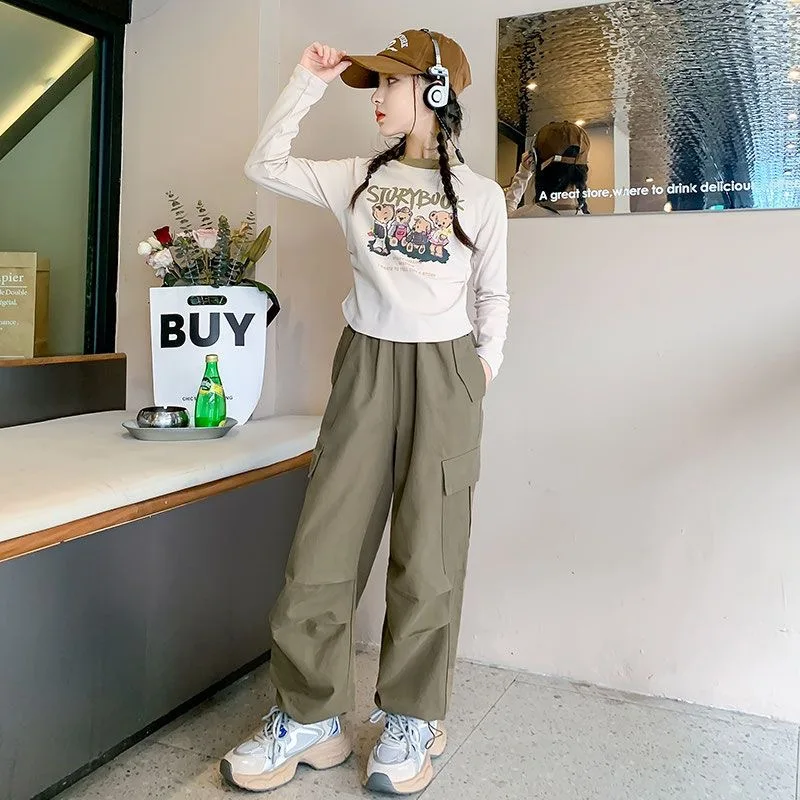 

Korean Spring Autumn Children Girl 2PCS Clothes Set Junior Girl Cartoon Printed Long Sleeve Top+Cargo Pants Set For Girl 4-12Yrs