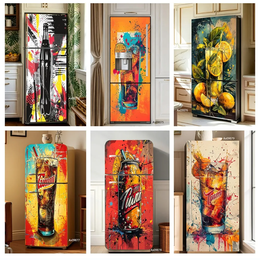 Pop Art Splash Drink Beverage Fridge Door Sticker, Self‑Adhesive Refrigerator Decal Customize Home Decoration Poster Stickers