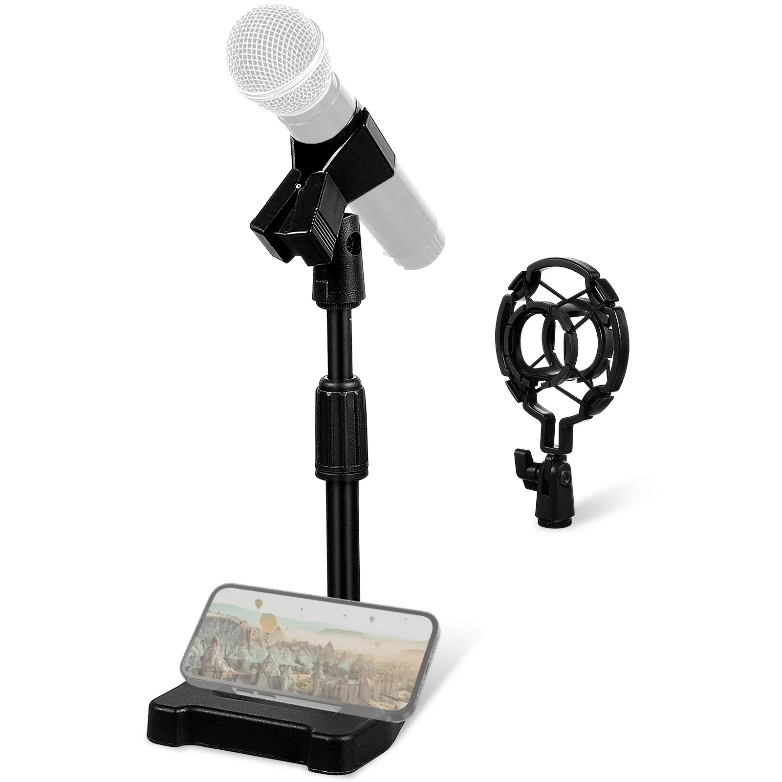 Multifunctional Microphone Stand Combination Set (Includes Phone/Tablet Base + Spring Clip + Shockproof Stand) Height and Angle Adjustable Mic/Camera 360 °   Rotating, Adapts Easily to Various Usage Positions