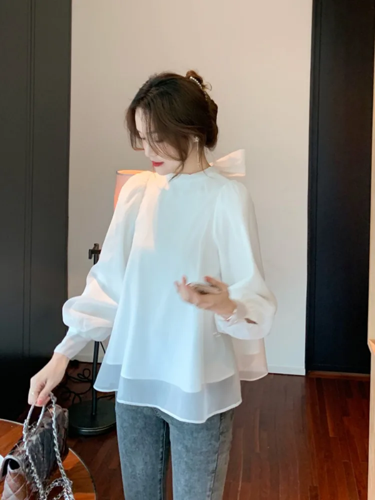 ربيع جديد الحلو الجنية مثل عقدة الشيفون الدانتيل أعلى المرأة لطيف Sle فقاعة Sve بلوزة جميلة تماما #3