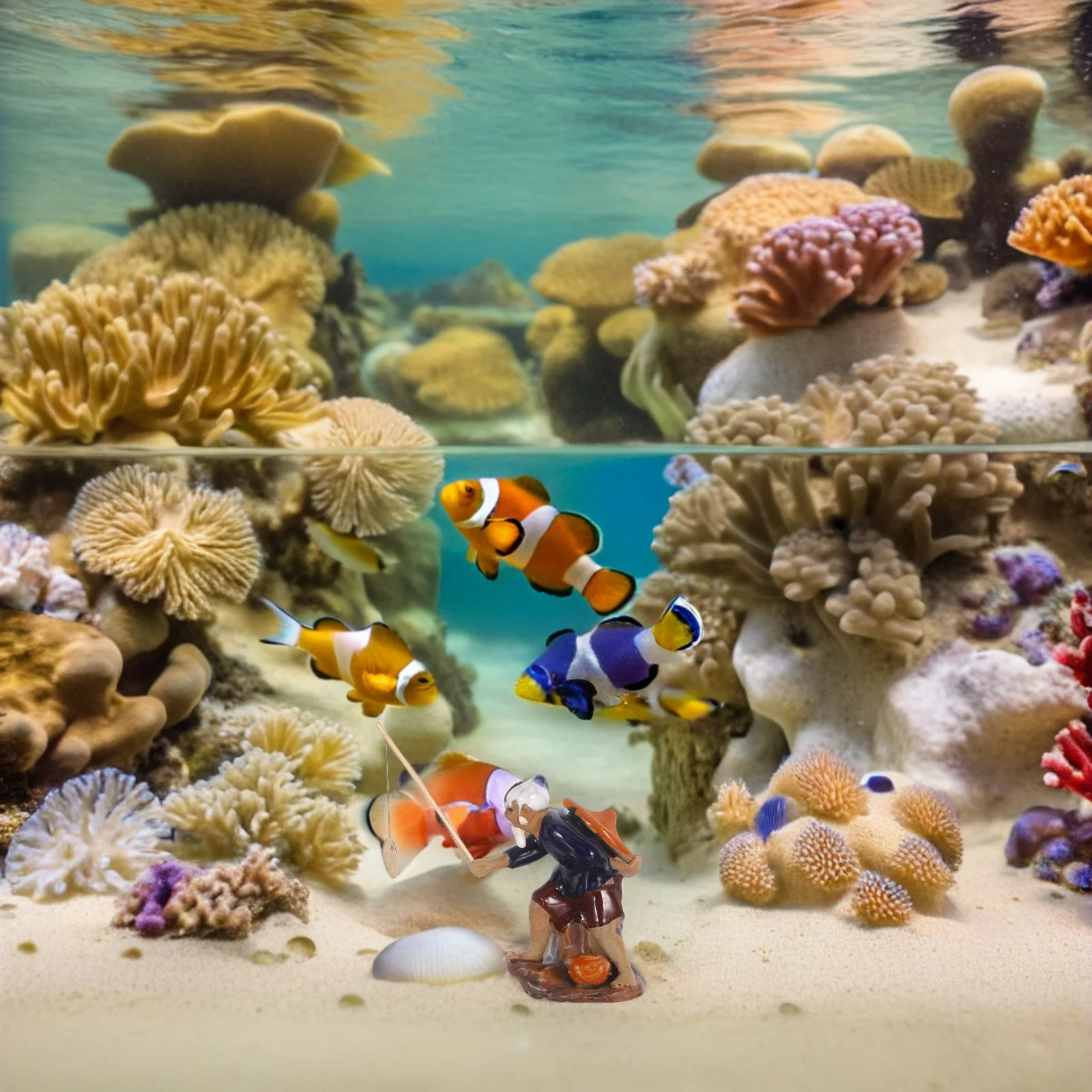 デスクトップ水族館用釣り像2個：手作りのアジア陶器の庭の彫刻、マイクロランドスケープの装飾、妖精の庭