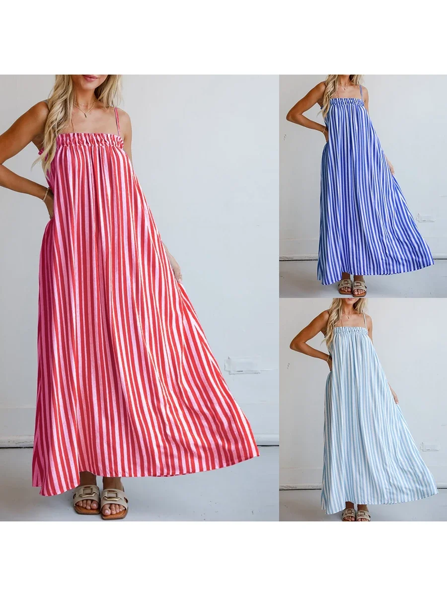 Sukienka maxi dla kobiet 2024 Summer Casual Striped Print Slim Dress Strap Sleeveless Square Neck Backless Smocked Beach Dresses