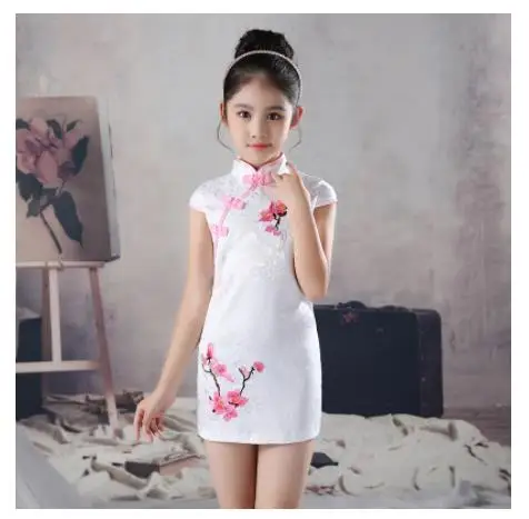 Summer Lovely Girls Short Sleeve Lace cheongsam Dress Cute Princess Girls Embroidery Dresses Kids Party Evening Wedding Dress