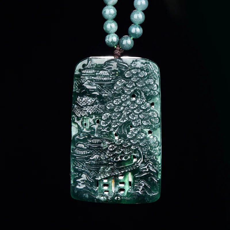 A- jadeite blue water finely carved landscape , natural A-grade ice-clear men's jade pendant