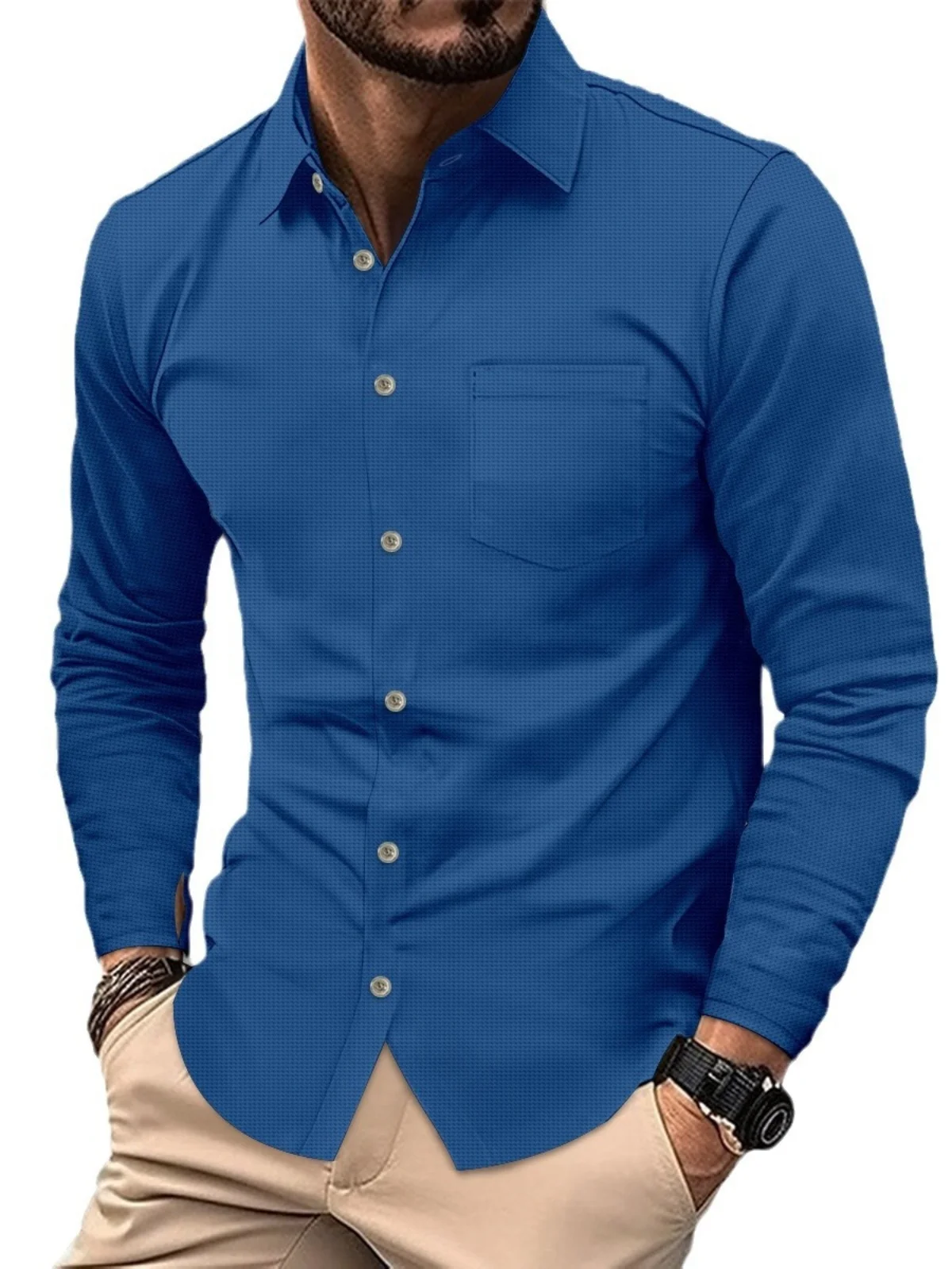 قميص رجالي عصري بأكمام طويلة ولون واحد، قماش وافل، مريح وفضفاض، يمتص الرطوبة، مناسب للخريف، بياقة قابلة للطي