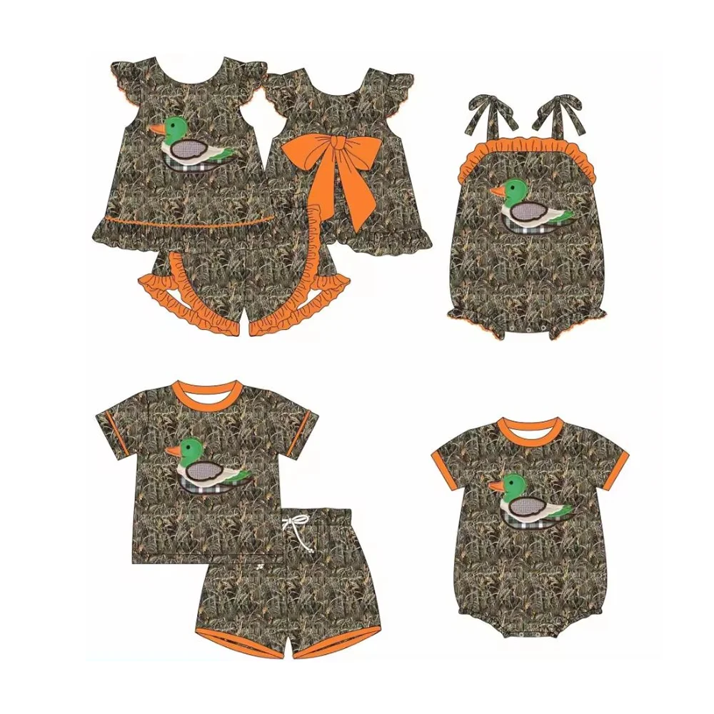 Boutique Kids Clothing Print Pattern Camouflage Hunting Mallard Duck Boys and Girls Shirt Shorts Set Summer Baby Romper