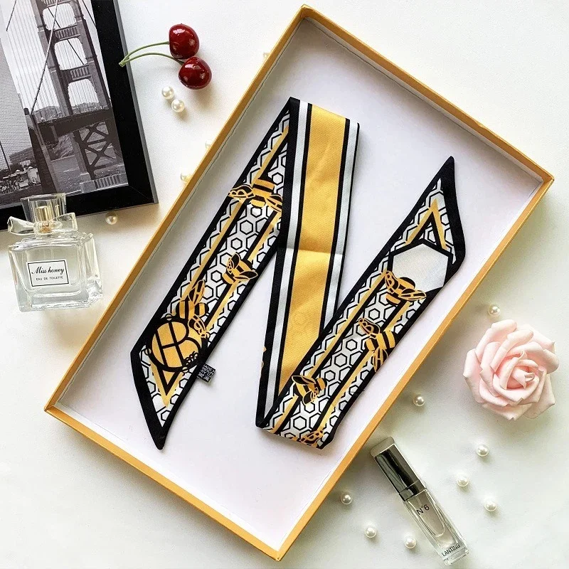 

Модный люксовый брендовый летний узкий шарф-лента для волос и сумок с геометрическим принтом пчелы, из твилового шелка, для женщин, для завязывания на голову