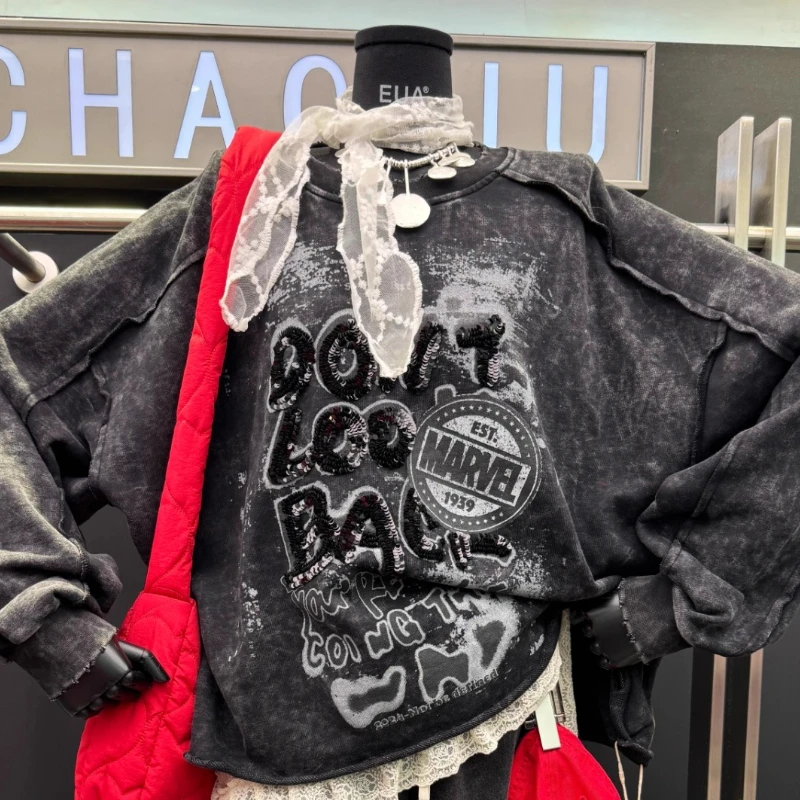 Special Design Distressed Printed Sequin Sweatshirt For Women's New Loose Casual Style Top 2025 Autumn New O-neck Top Clothes