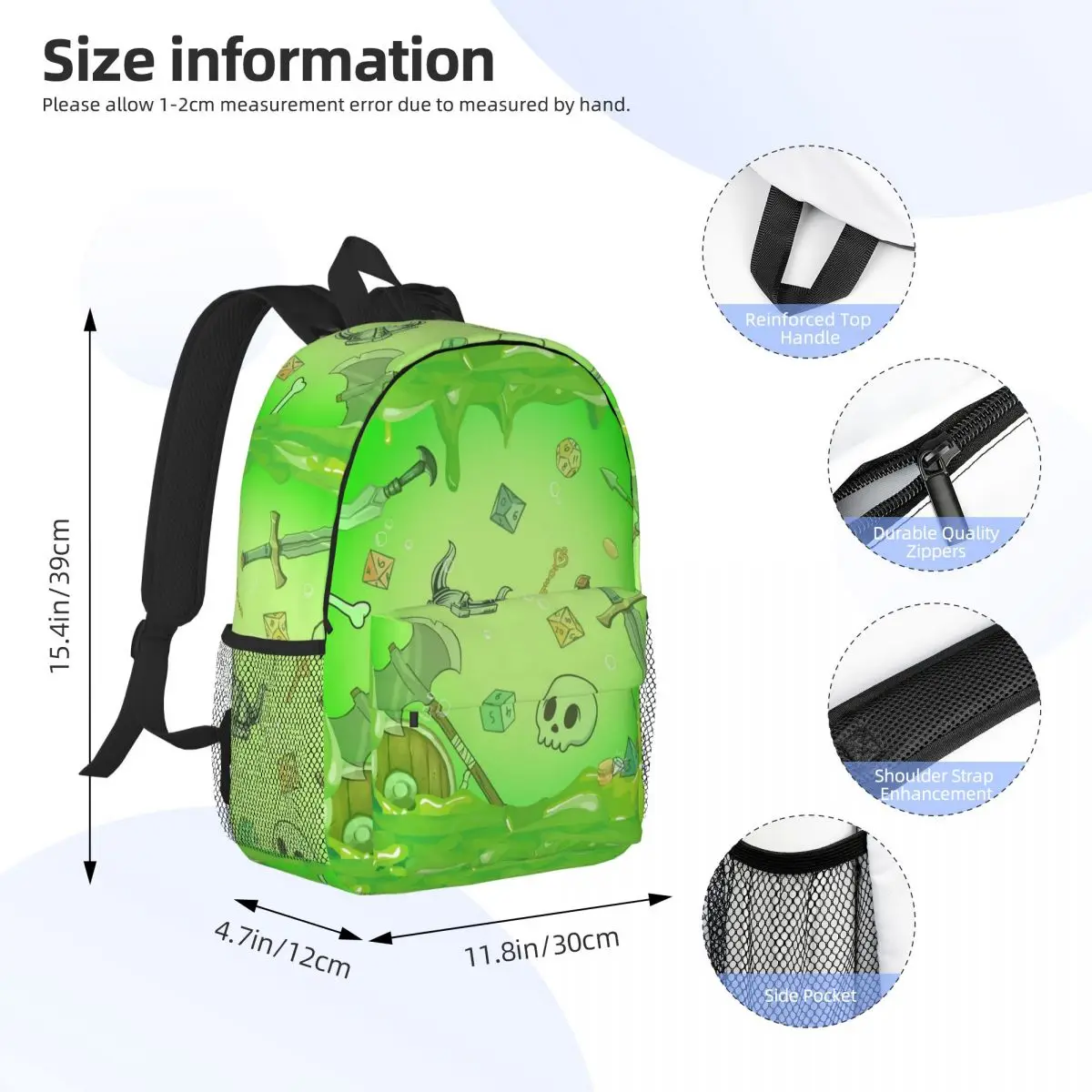 GELATINOUS CUBE Green Ooze Dnd Monster, Dnd Dice, Skull, Loot, Axe And Sword Backpack BookBag School Bag Shoulder Bags