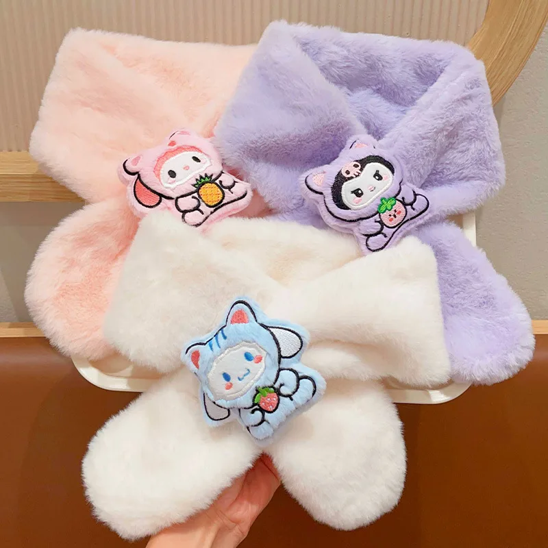 Sanrios-bufanda cruzada para niña, regalo de invierno, figura de Anime para niño y niña, bufanda bordada gruesa para mantener el calor, polaina para el cuello, dibujos animados Kawaii