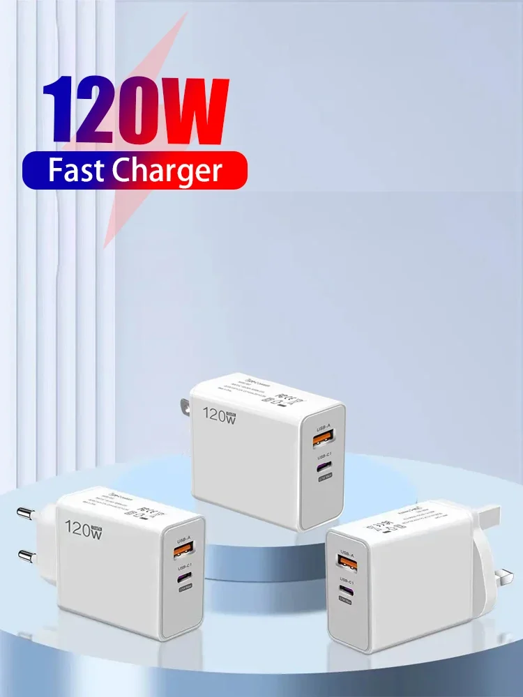Insgesamt 120 W USB-Ladegerät, 2 Anschlüsse, Typ C, Schnellladung, Reise-Netzteil, EU/US-Stecker, Wandladegerät, Schnellladung 3.0-Steckdose