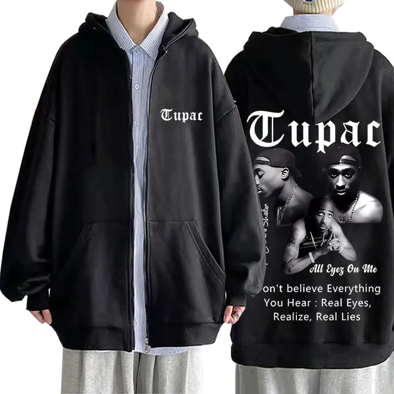 Rapper Tupac 2pac Shakur All Eyez on Me Zipper Hoodie Men Hip Hop Oversized Zip Up Jacket Men's Fleece Cotton Zip Up Sweatshirt