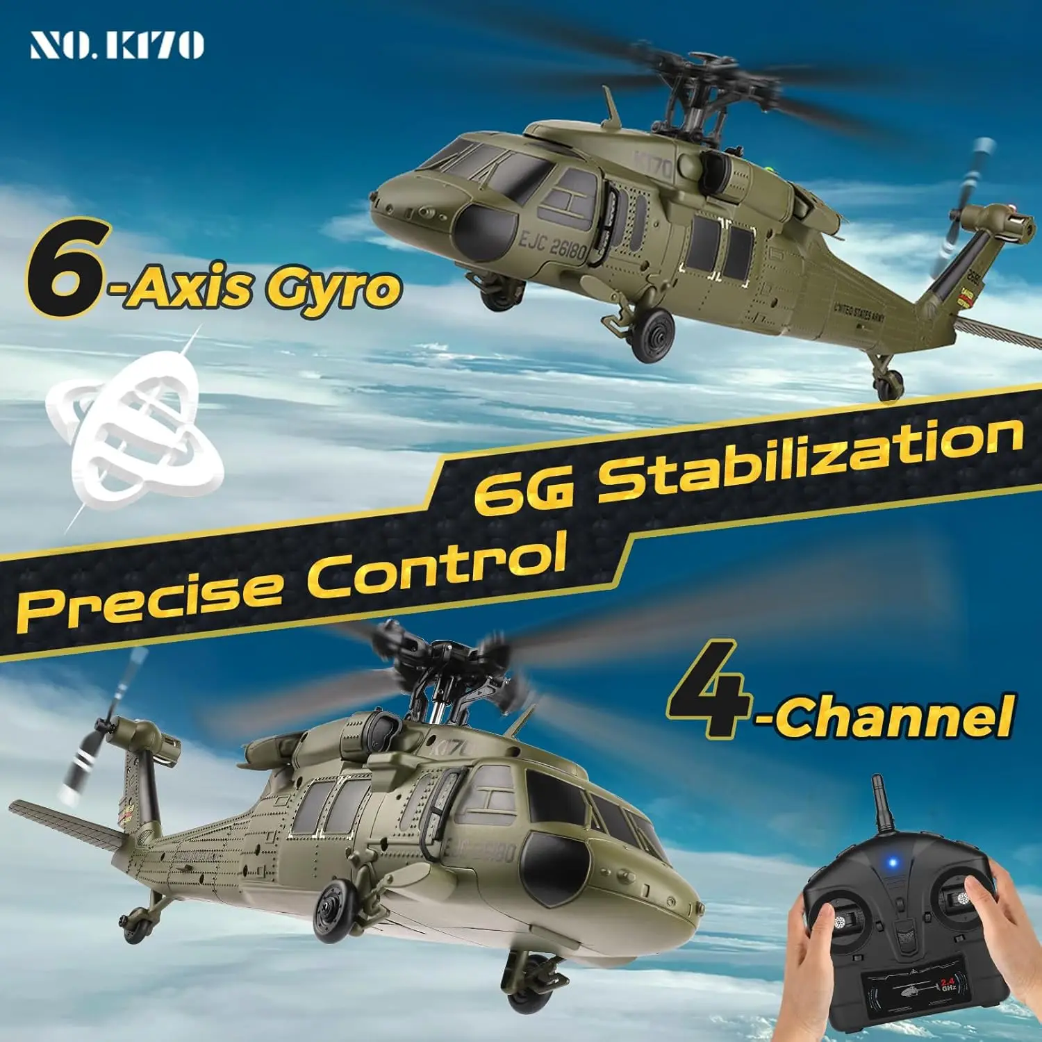 WLtoys K170 Bürstenloser 4-Kanal-RC-Hubschrauber, UH60L Black Hawk im Vollformat, 6-Achsen-Gyroskop, One Key Take-Off/Landing mit 3 Batterien