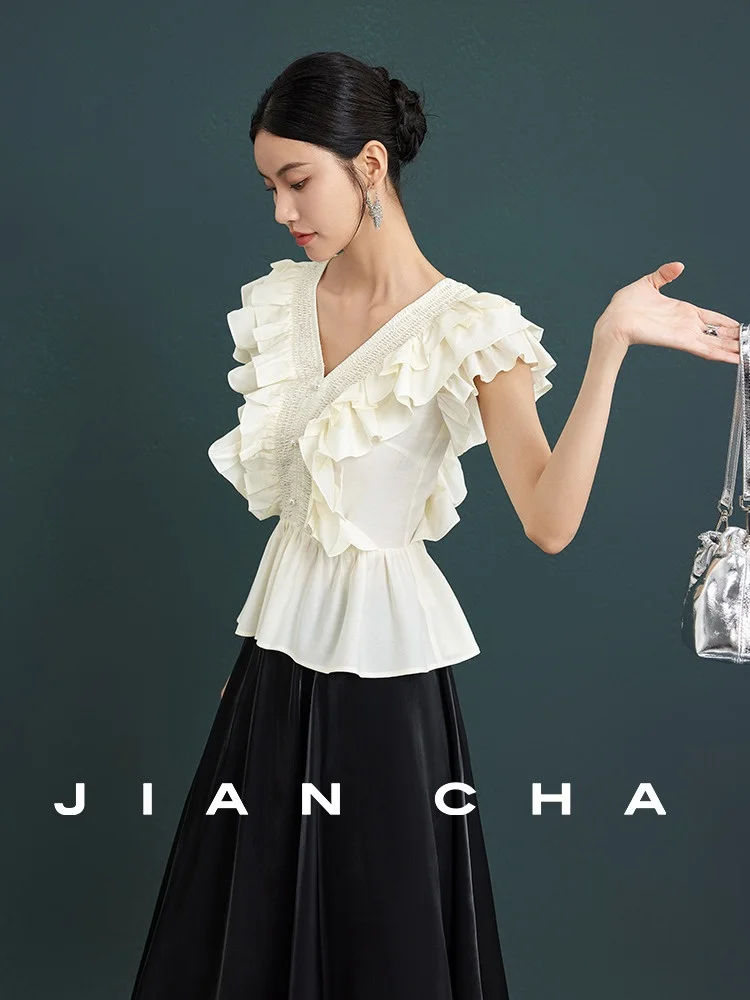 

Jiancha "Yu Menglong" Красивый топ с ощущением сухого воздуха Lotus Le, обтягивающий талию, французский топ, облегающий крой, V Ne Summer irt
