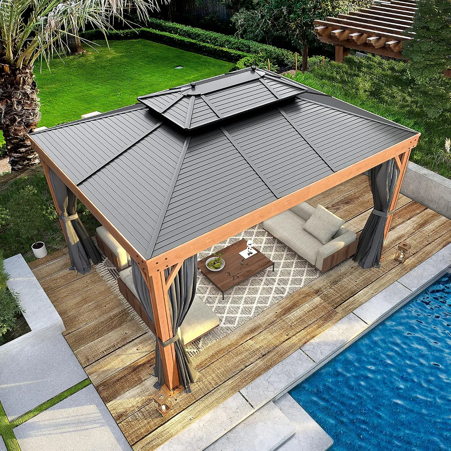 10' x 13' Hardtop Gazebo Faux Wood Grain with Aluminum Frame, Galvanized Steel Double Roof, Outdoor Patio Gazebo, Customized
