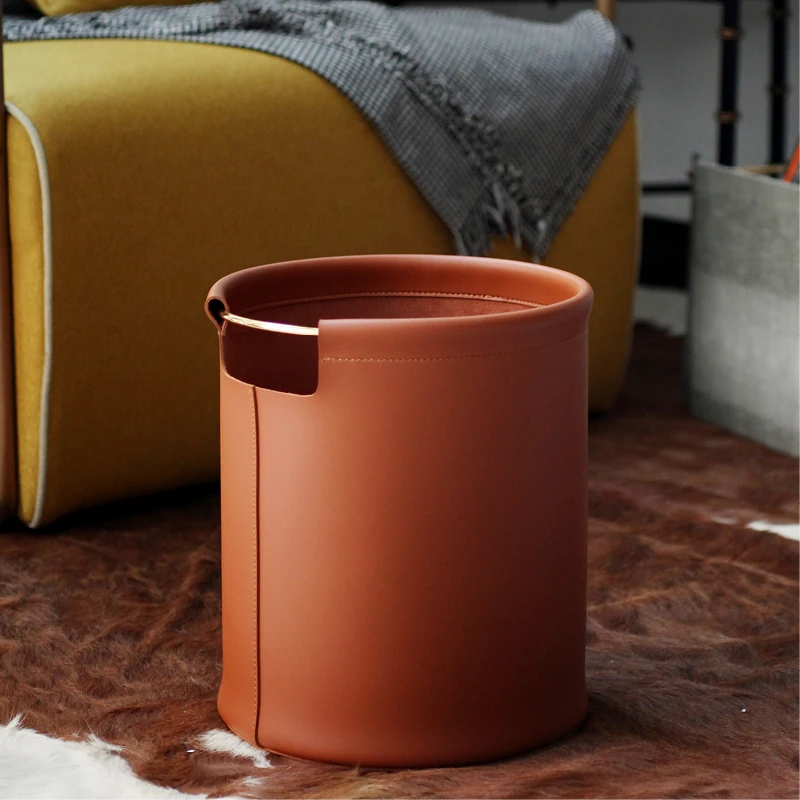 

Brown Leather Storage Bin, Luxury Living Room Wastebasket, Bedroom Laundry Hamper, Walk‑In Closet Storage Basket for closet