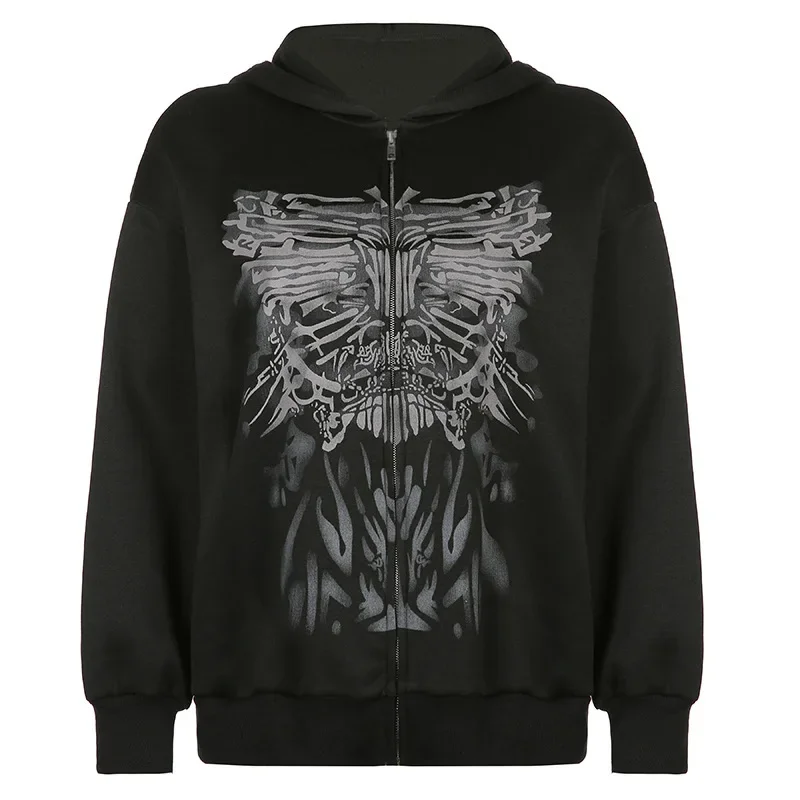 Y2K Gothic Butterfly Print Zip Up Women Hoodies 2024 Winter Grunge Skeleton Sweatshirt Casual Hooded Jacket Streetwear hoodie