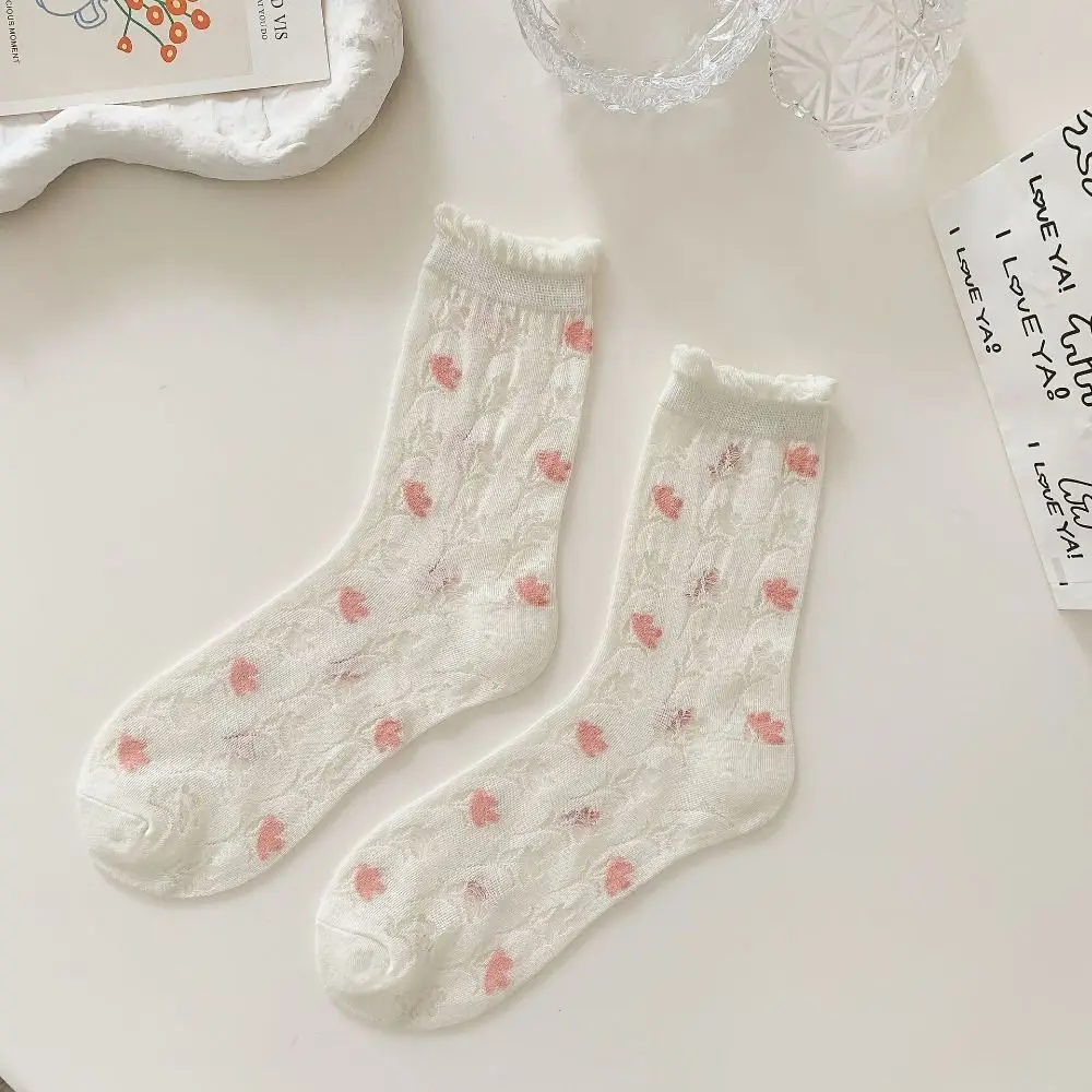 

6Pairs Mesh Hollow Transparent Flower Socks Ruffle Female Hosiery Mid Tube Socks Ultra-thin Breathable Sweet Socks Women Girl