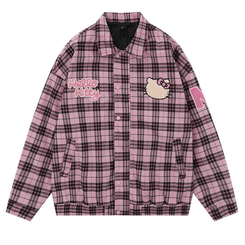 

Sanrio Hello Kitty Plaid Design Jacket Sweet Academy Style Couple Baseball Suit Autumn Winter Japanese Style Casual Fashion Coat