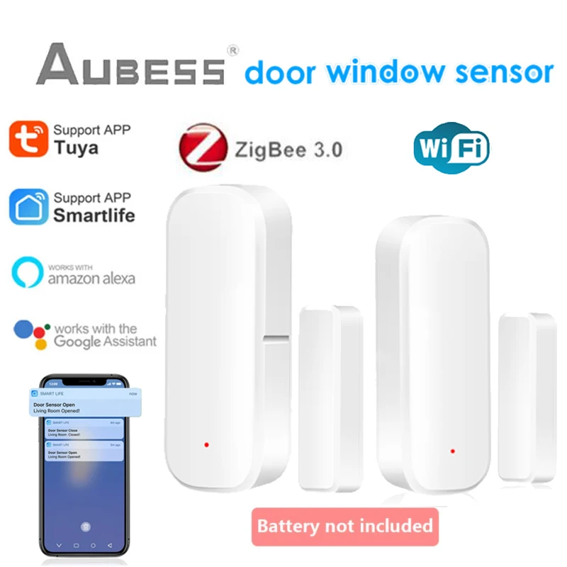 Aubess Zigbee/WiFi Tuya Smart Door Sensor Window Door Open Closed Detectors Smart Home Remote Control Via Alexa Google SmartLife