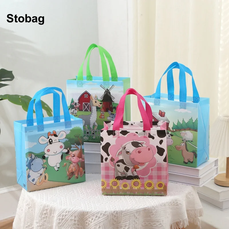 StoBag 4pcs Cartoon Non-woven Gift Tote Bags Kids Child Fabric Candy Package Waterproof Storage Reusable Pouch Birthday Party