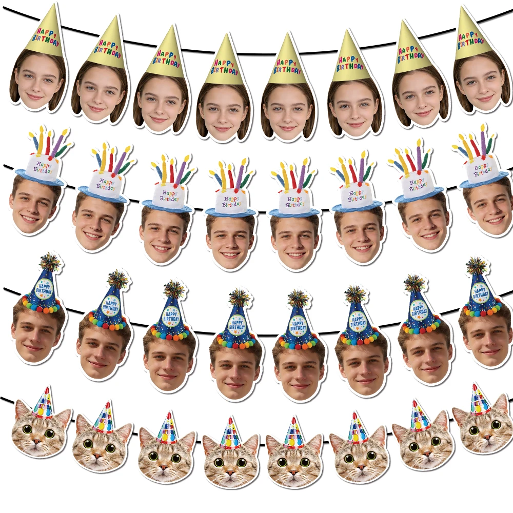 Bannière photo personnalisée pour anniversaire, guirlande à motif chapeau d'anniversaire pour fêtes d'anniversaire, bannière de joyeux anniversaire