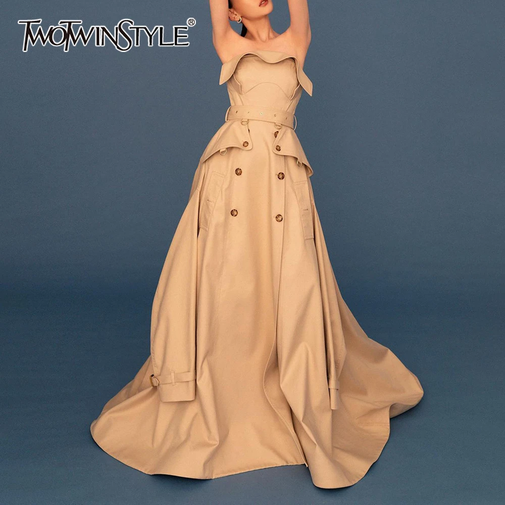 

TWOTWINSTYLE Solid Slimming Spliced Fungus Folds Dresses for Women Strapless Sleeveless Patchwork Buttons Fashion Dress Female