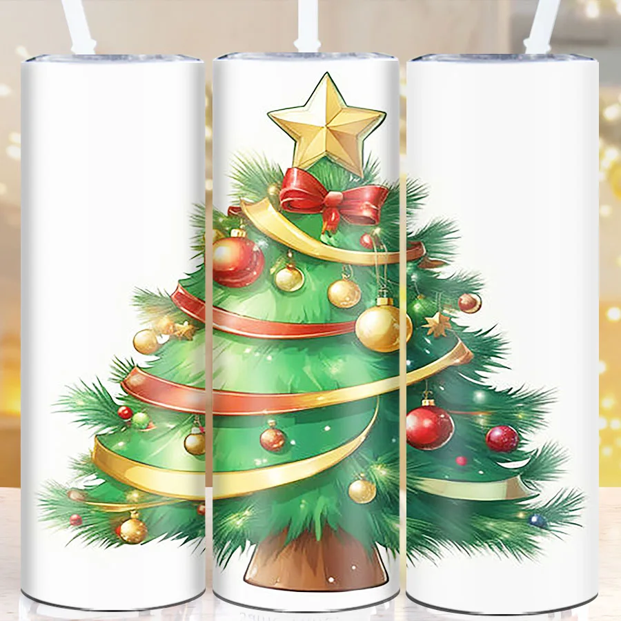 

20oz 3D Print Christmas Straight Tree Party Drink Mugs Straw Lid 1Pc Stainless Insulated Tumblers Outdoor Travel Tumblers