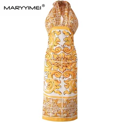 MARYYIMEI Summer Women's Straight Dress Halter Collar Sexy Backless Baroque printed Slim-Fit Hip Wrap evening Dresses