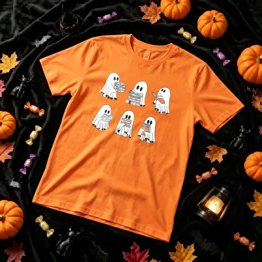 Halloween Book‑Loving Ghosts Graphic T‑Shirt Cute Reading Ghost Book Stack Library Spooky Season Print  Crew Neck Casual Tops