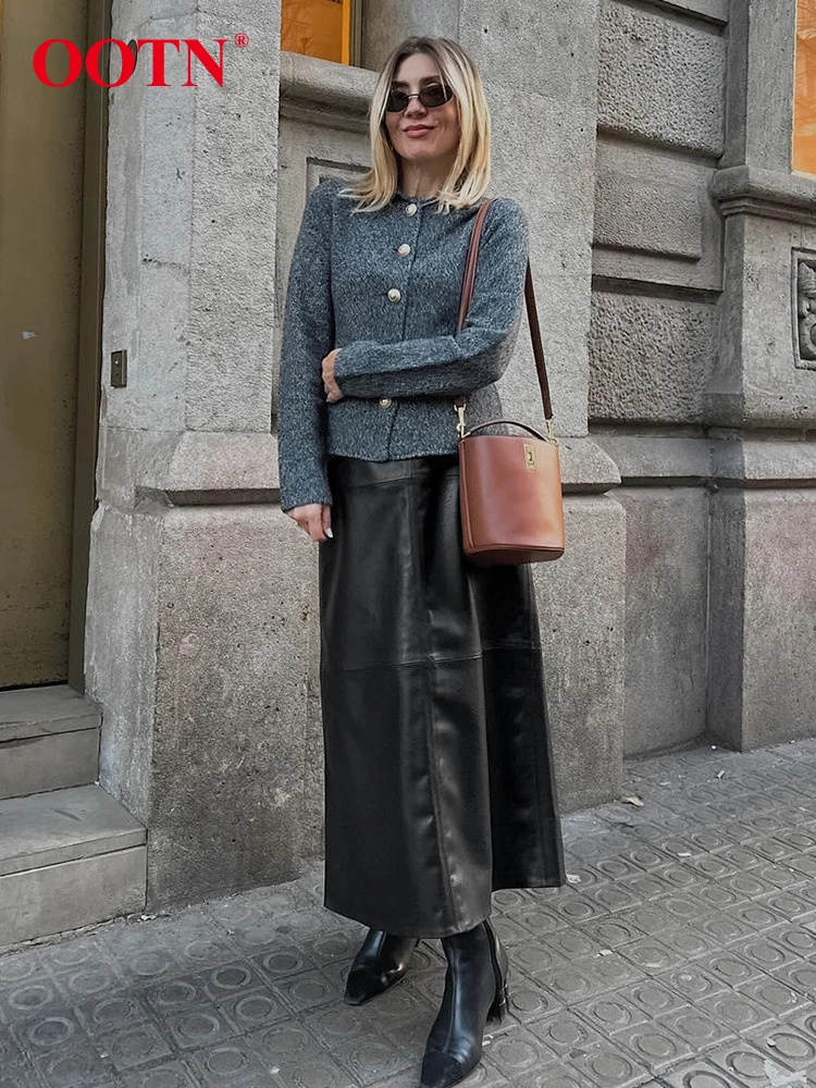 OOTN Czarne PU Spódnice do kostek Kobiety Jesień Zima 2024 Wysoka talia A-Line Faux Leather Spódnice midi Biuro Panie Długie spódnice