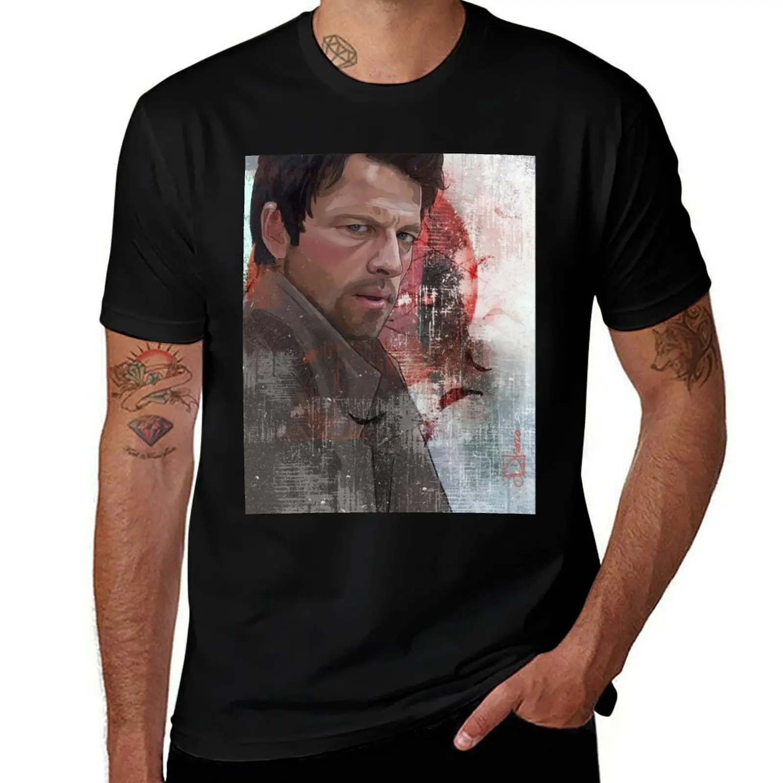 

Castiel Portrait With Grunge T-Shirt man t shirt Anime t-shirt Aesthetic clothing anime clothes mens designer clothes