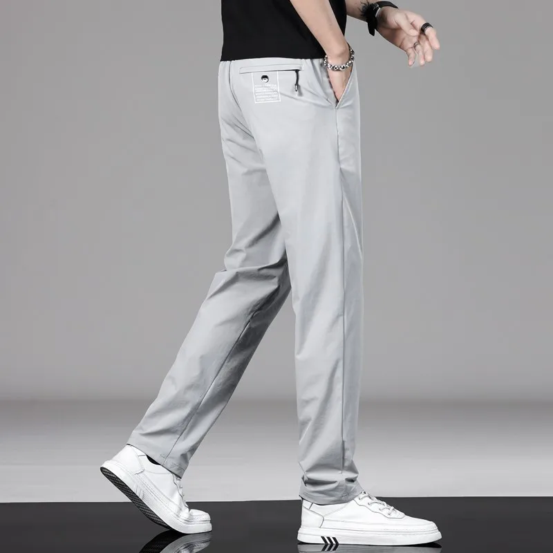 New Pants Spring/Summer Men\'s Thin Casual Slim Fit Straight Tube Pants Elastic Ice Silk Business Casual Men\'s Pants Dropship