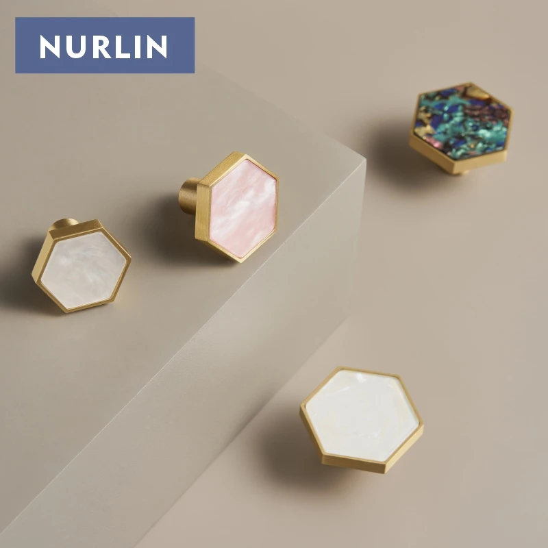 Nurlin Brass Hexagonal White Pink Colorful Cabinet Knobs Furniture Wardrobe Handles Wall Hooks Decorative Hardware
