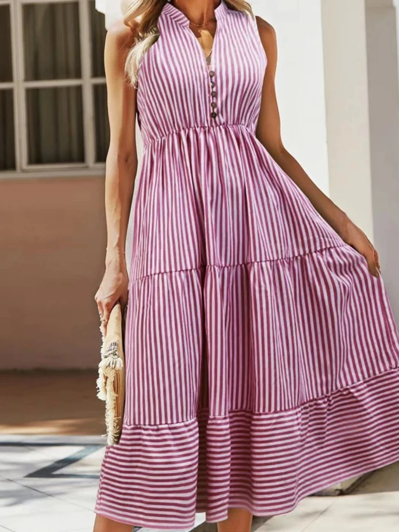 فستان نسائي مخطط بدون أكمام كاجوال فضفاض وكشكشة صلبة فستان قميص صيفي بوهو