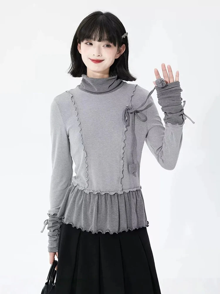 

Vintage Turtleneck T Shirt Women Slim Fit Ruffles Bow Lace Up Patchwork Tees Gray Y2K Harajuku Retro Long Sleeve Bottoming Tops