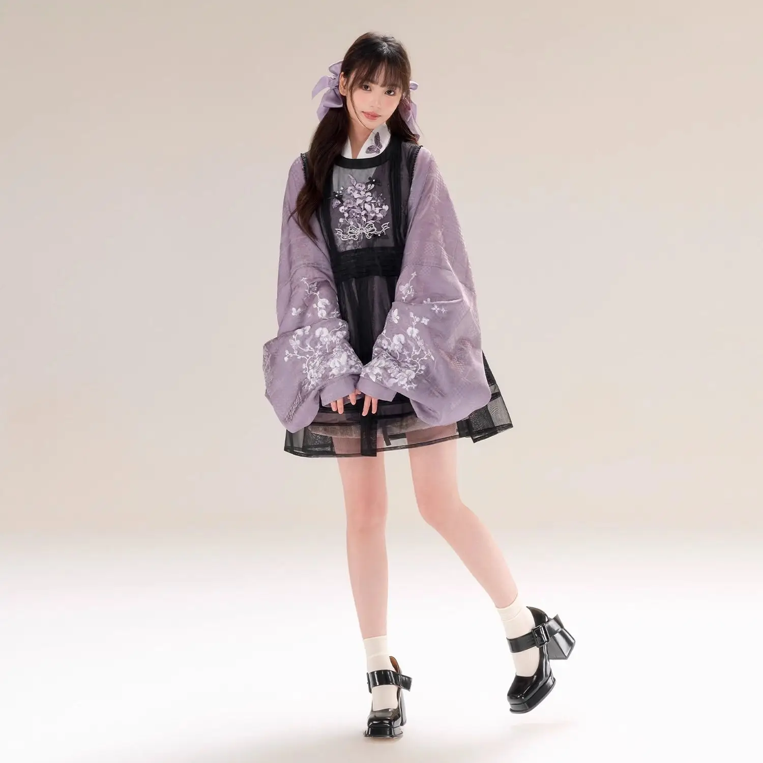

MAGOGO New Chinese Purple Pipa Sleeve Cross Neck Long Sleeve Shirts Women Flower Black Lace Dress Vintage Y2k Hanbok Daily Suit