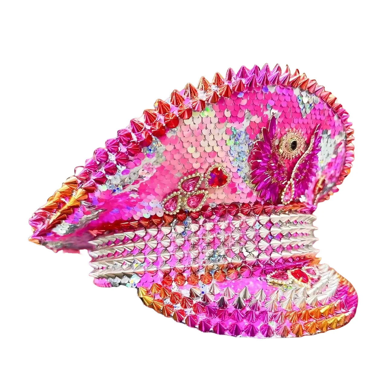 HongLuan gele laser lederen lus kapitein hoed strass & militaire petten voor dames, Rave Festivals accessoires & feestpet man