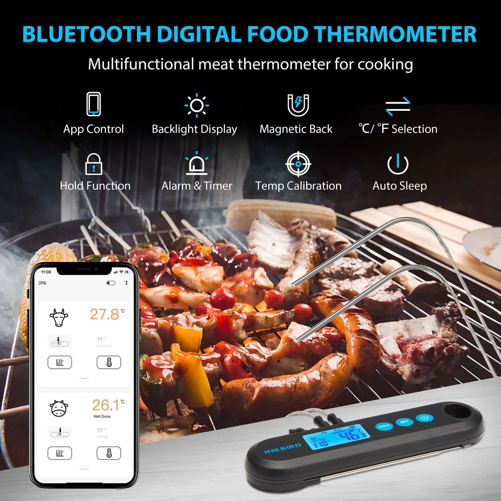 

INKBIRD IHT-2PB Bluetooth Meat Thermometer USB Rechargeable BBQ Thermometer with 2 External Probes for Grilling Cooking Baking