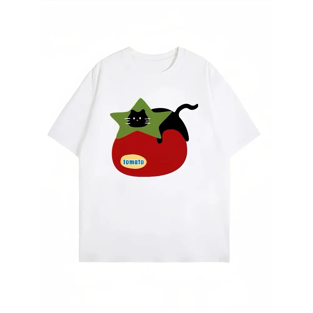 Tomaten-Katzen-Print T-Shirt Vintage-Waschung Lustiges Streetwear Unisex Oversize Rundhals Baumwolle Kurzarm Tee Tops Bestseller