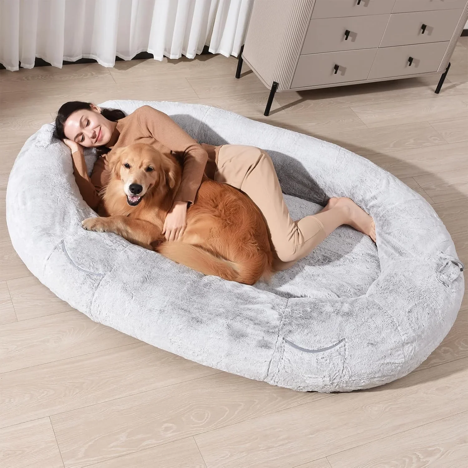 

74"x50"x12" Dog Bed, Crafted From Plush Faux Fur Fabric, Waterproof and Washable Anti-Slip, Bean Bag Adult Size, Extra Dog Bed