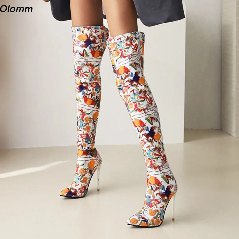 

Olomm/женские зимние сапоги выше колена с молнией сзади, туфли на шпильке с острым носком, красивые серебряные туфли для вечеринок, размер США 4-10,5