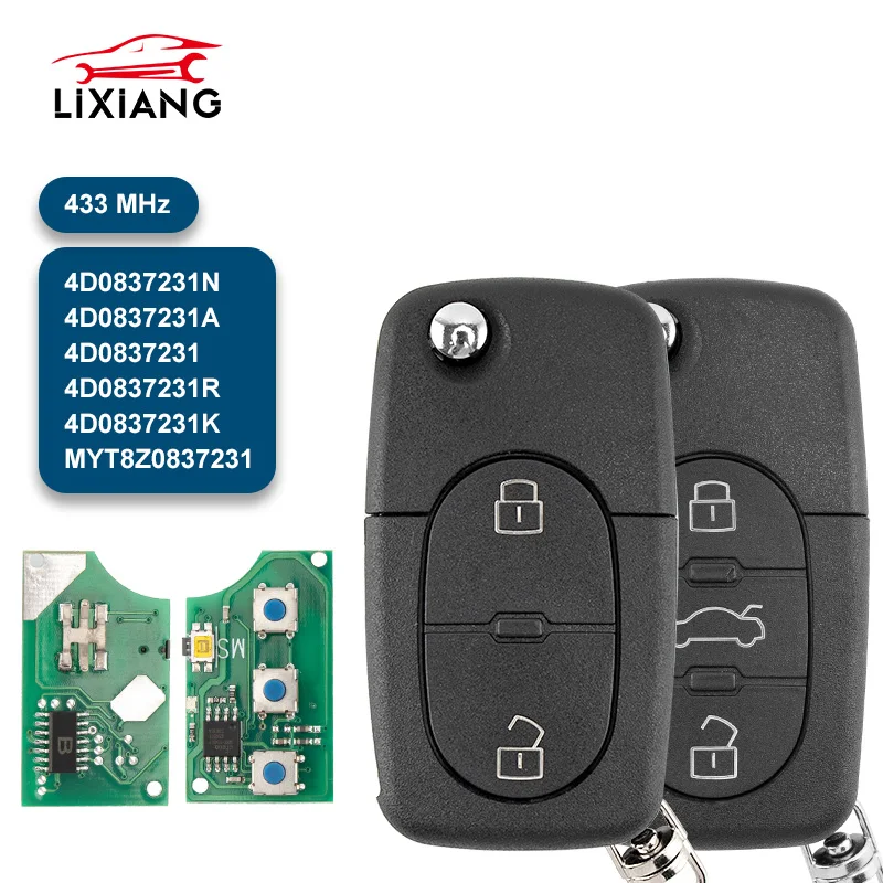 LIXIANG 4D0837231A 4D0837231N 4D0837231K Remote Car Key For Audi A3 A4 A6 A8TT RS4 Quattro Old Models 433Mhz ID48 Glass Chip Key